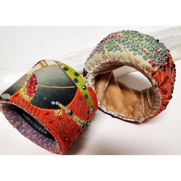 Lucy Notions 2 Wide Handmade VTG Silk Velvet Rhinestone Cuff Bracelets USA Boho - Picture 2 of 10